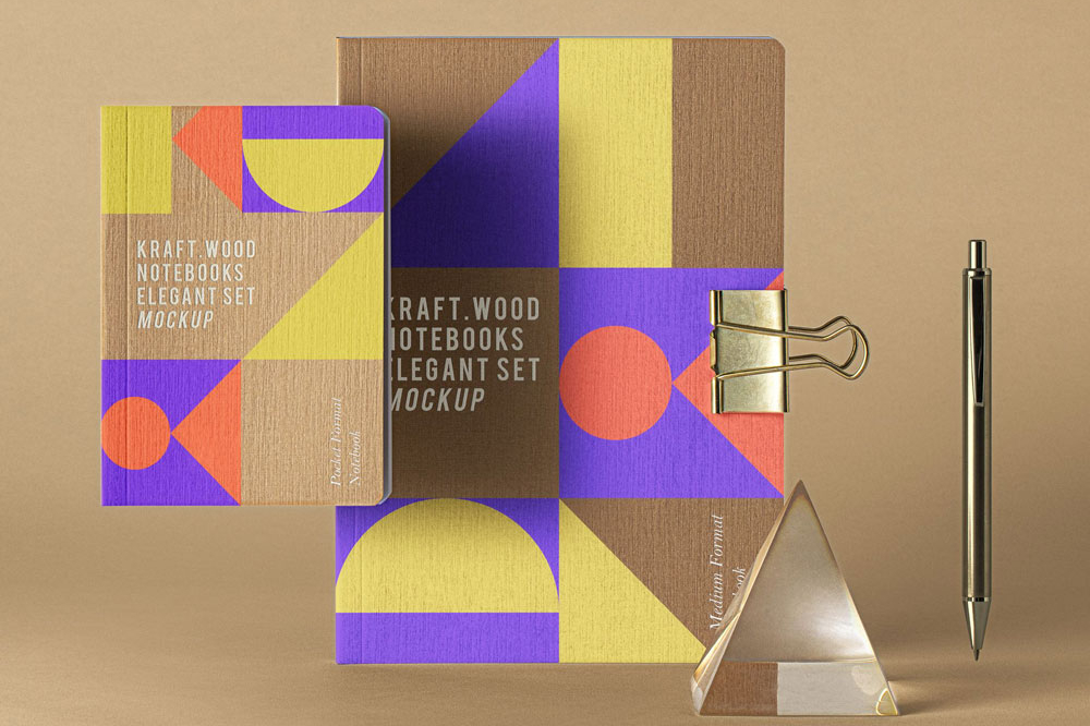 Free Kraft Wood Notebook Mockup PSD