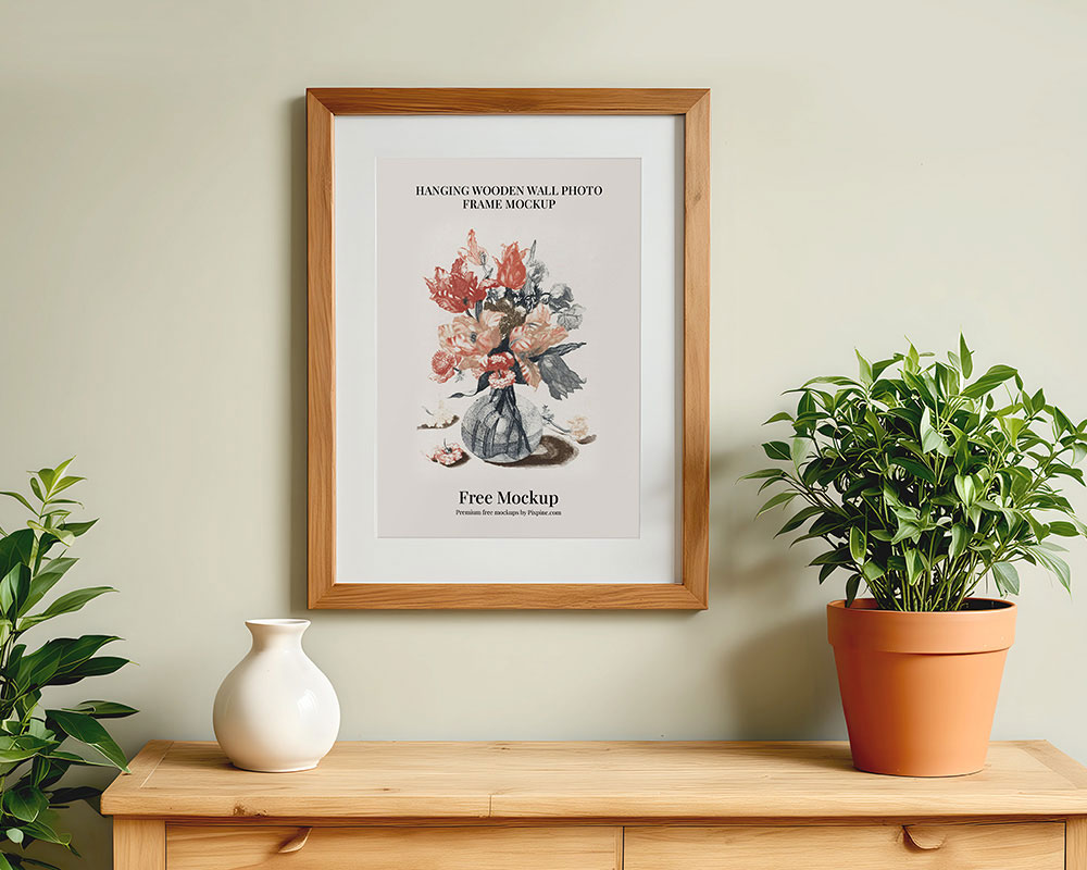 Free Hanging Wooden Frame Mockup PSD