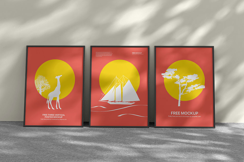 Free Three Vertical Poster Mockup PSD