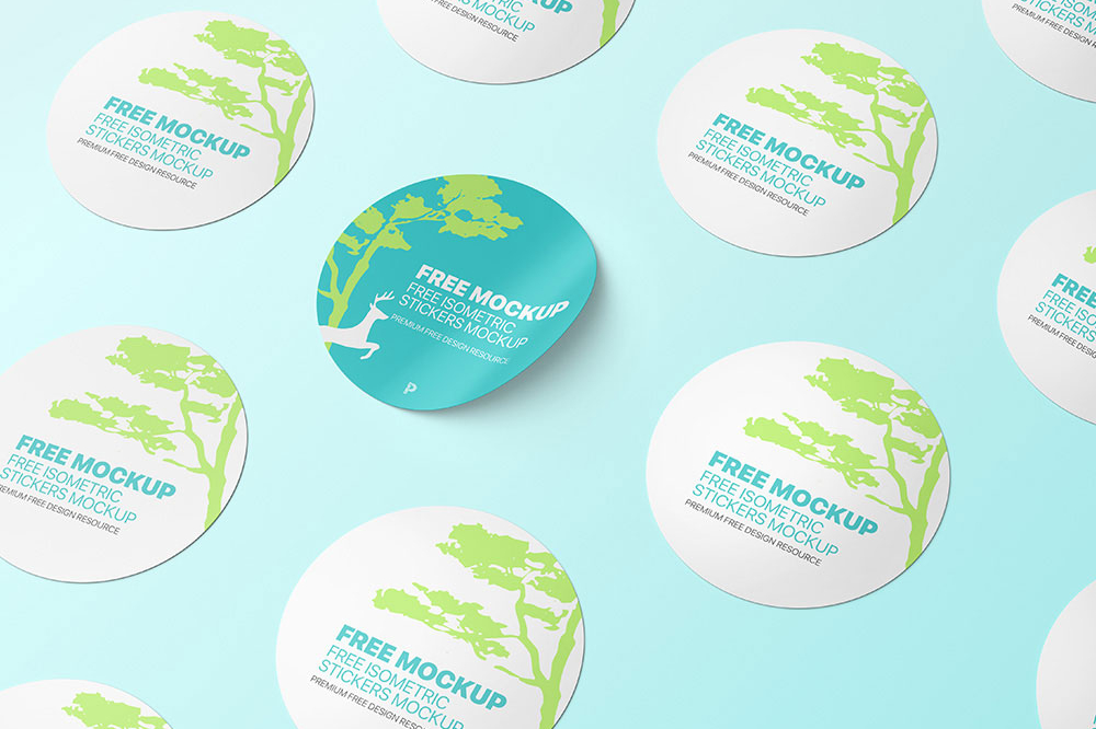 Free Isometric Round Stickers Mockup PSD