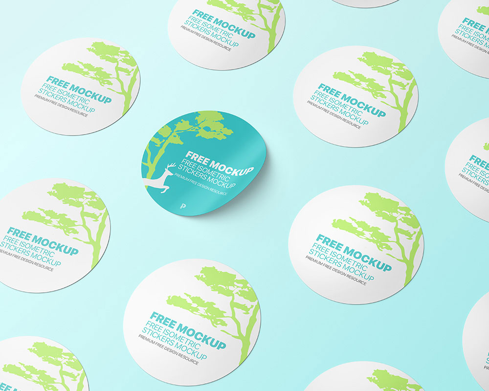 Free Isometric Round Stickers Mockup PSD