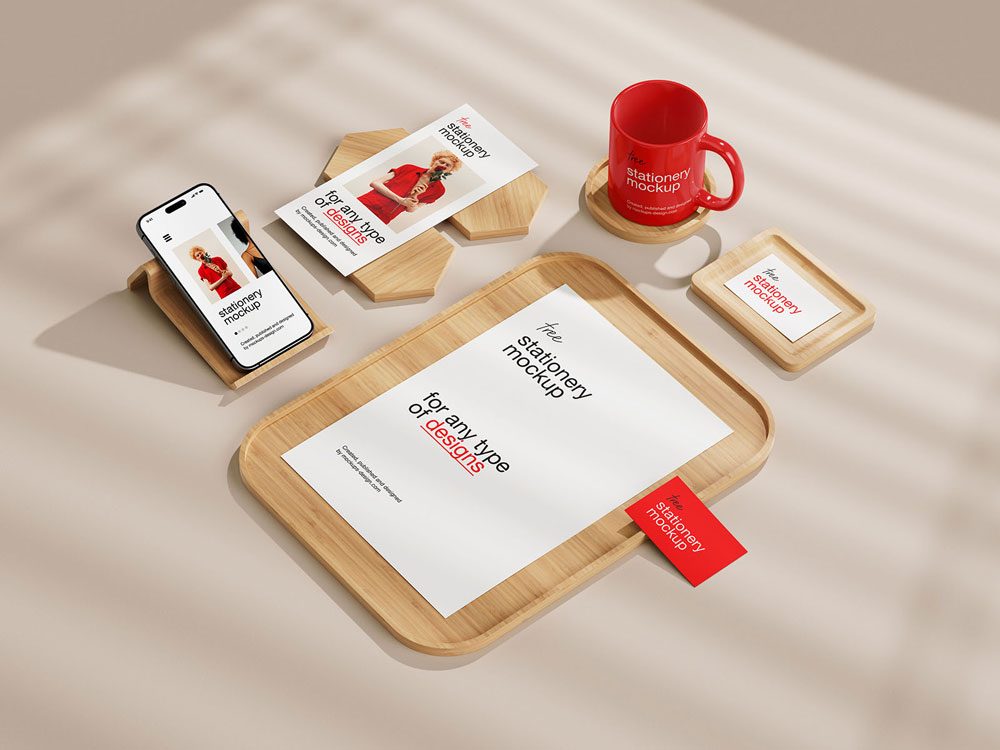 Free Wood Elements Stationery Mockup PSD